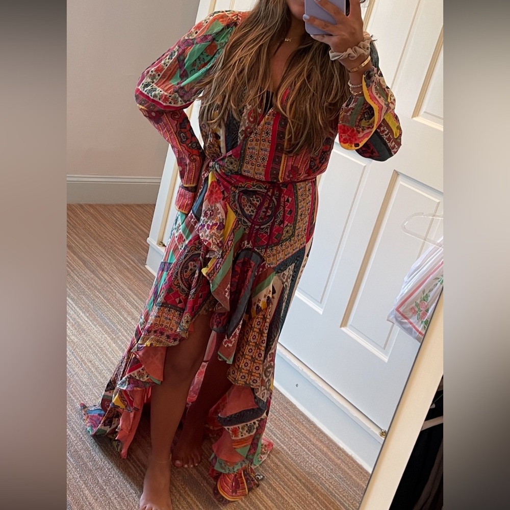 Etro Red and Orange Long Sleeve Wrap Sundress